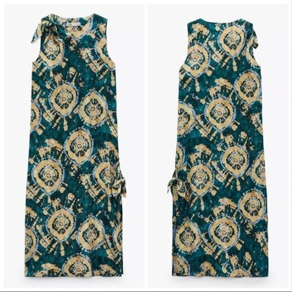 ZARA Maxi Dress Tie-Dye Linen Blend Side Slit Knot Green Size XL - Picture 3 of 10